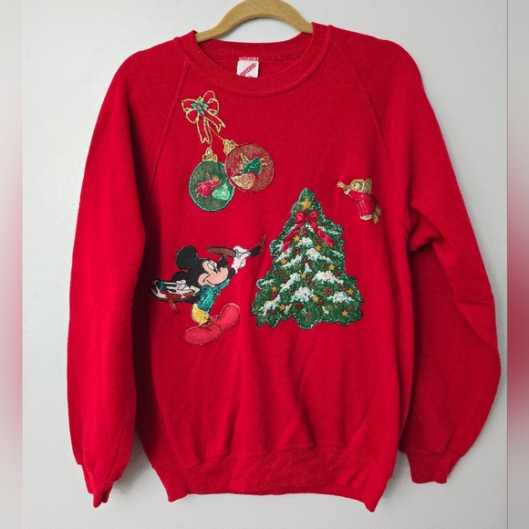Jerzees Sweaters - Mickey Mouse Red Christmas Holiday Sweatshirt Size XL Unisex Handmade Jerzees